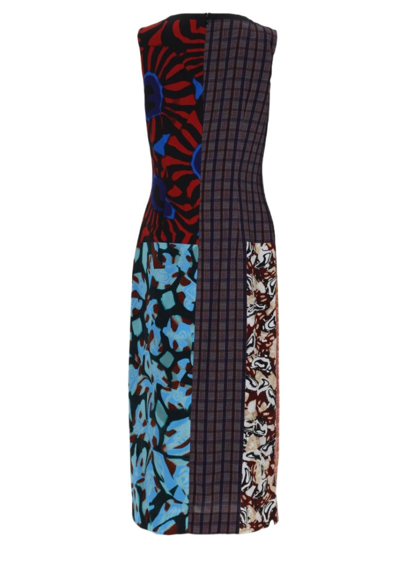 Dries Van Noten Patchwork Midi Dress With Contrasting Patterns And Fitted Silhouette