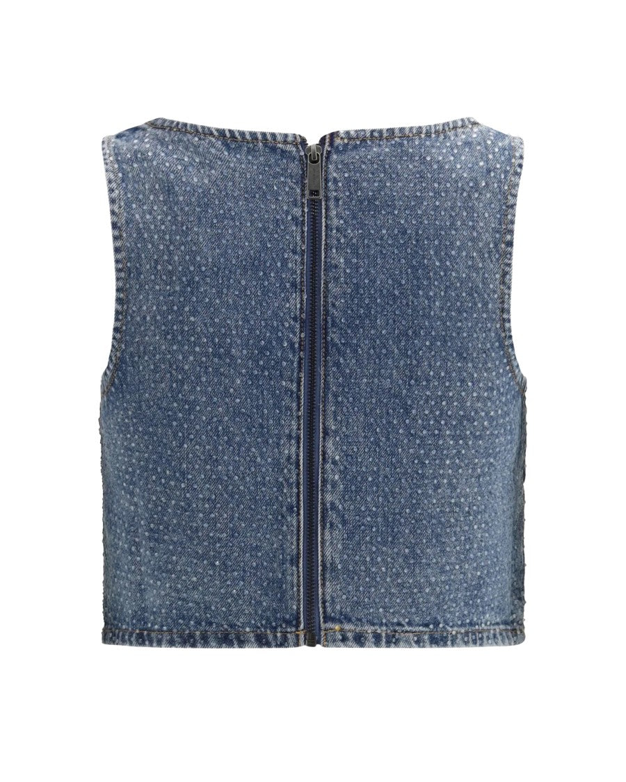 Self-Portrait Cropped Stonewashed Denim Top With Crystal Embellishments