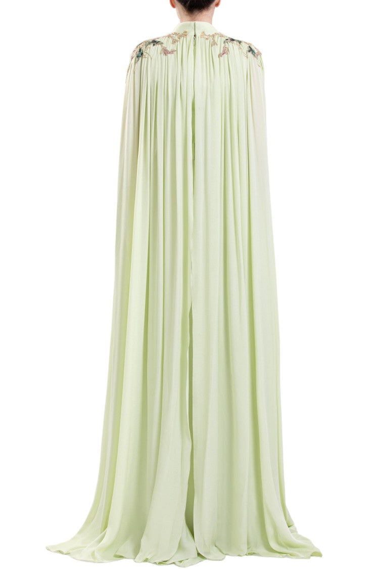 Saiid Kobeisy Reed-Colored Crepe Maxi Dress With Elegant Cape And Embroidery