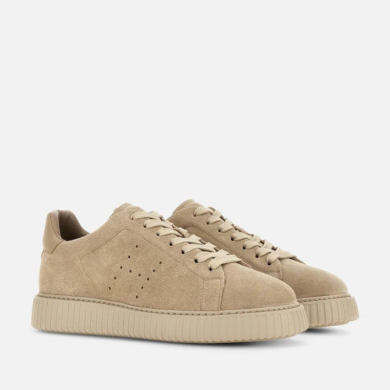 Hogan Beige Monochromatic Ribbed Sole Suede Low-Top Sneakers