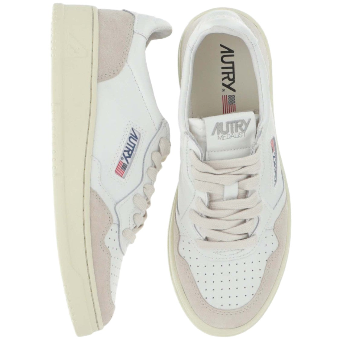 Autry Beige Leather And Suede Low-Top Sneakers With Embossed Branding
