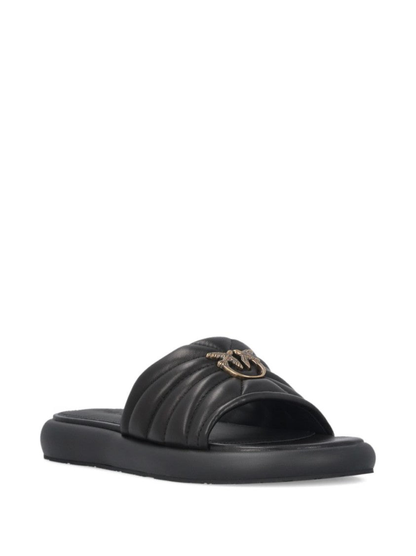 Pinko Black Slides With Love Birds Logo Plaque