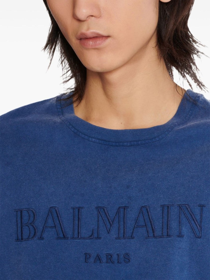 Balmain Navy Blue Cotton Tonal Logo T-Shirt