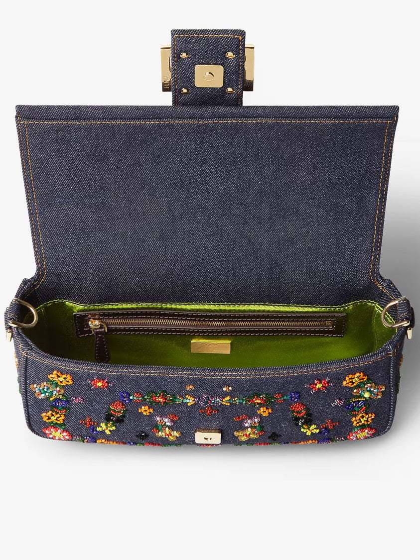 Fendi Blue Baguette Denim Ricamo Bag