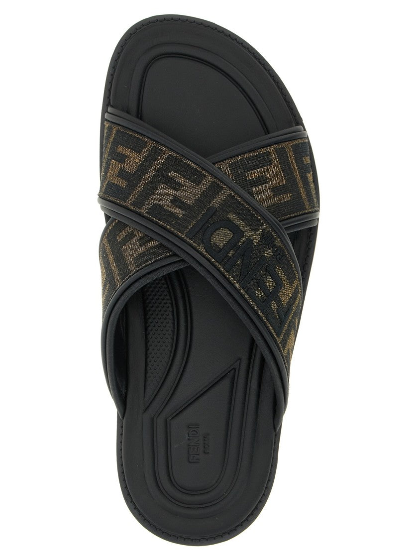 Fendi Double Crossed Band Logo Slides With Jacquard Pattern