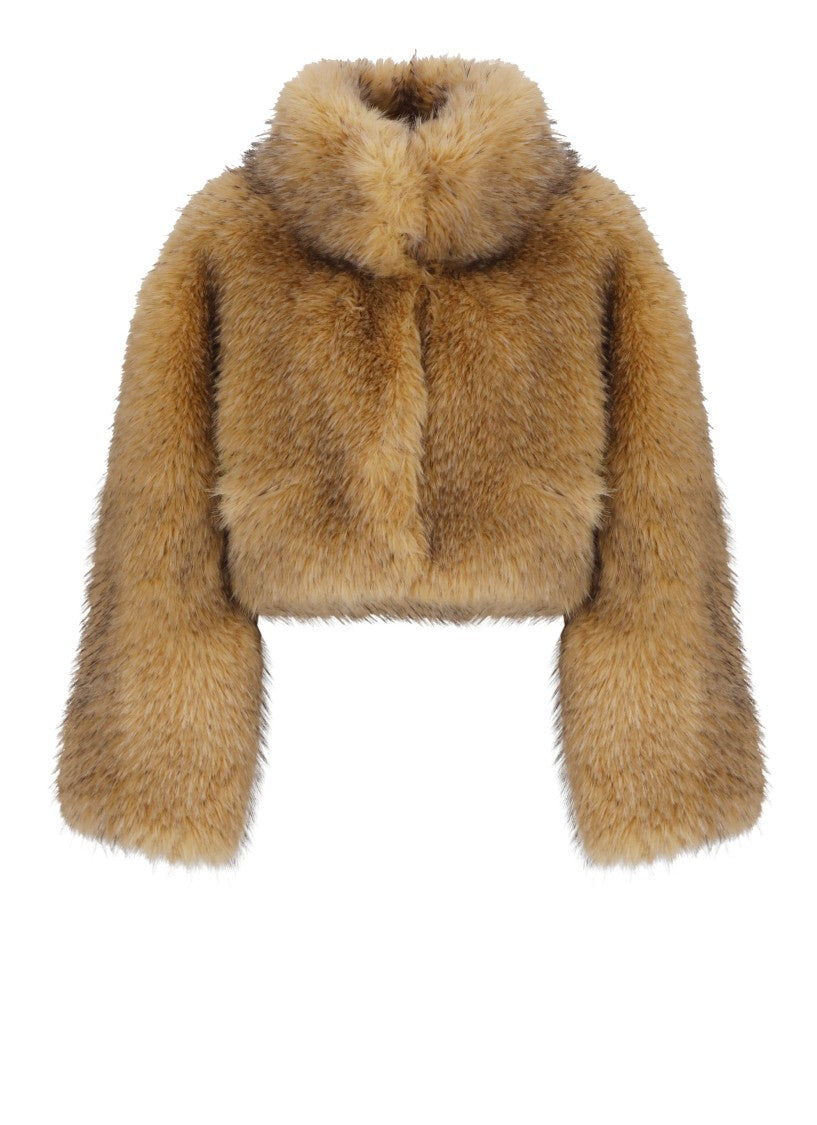 Rotate Beige Cropped High-Neck Fur Jacket