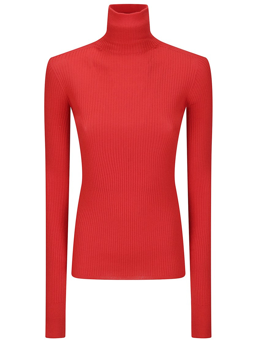 Sportmax Red Ribbed Knit Sweater With High Collar And Slim Fit