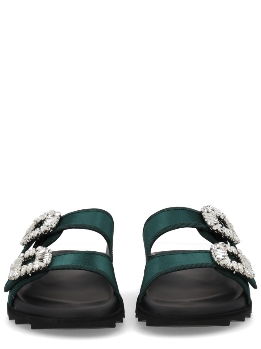 Roger Vivier Slidi Viv Green Textile Crystal Sandals