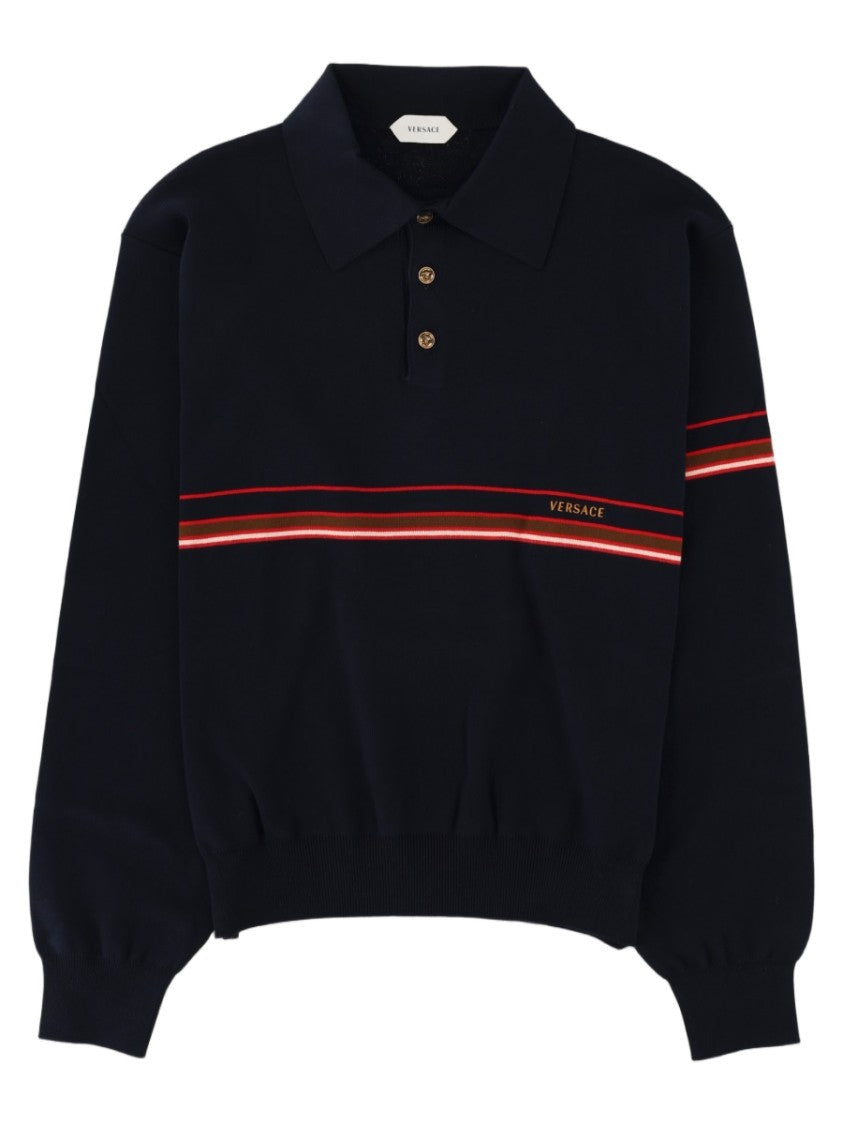 Versace Blue Polo Collar Striped Cotton Sweater