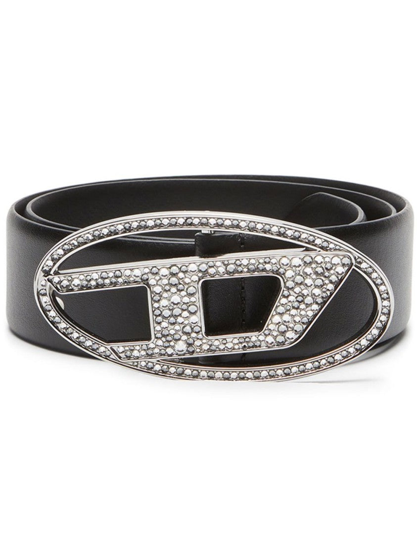 Diesel Oval Buckle Black Strap Belt With Sparkling Embellishments