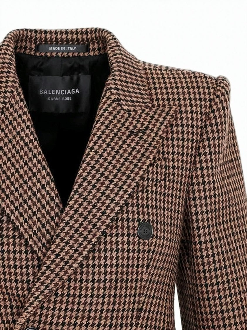 Balenciaga Double-Breasted Houndstooth Coat With Structured Shoulders