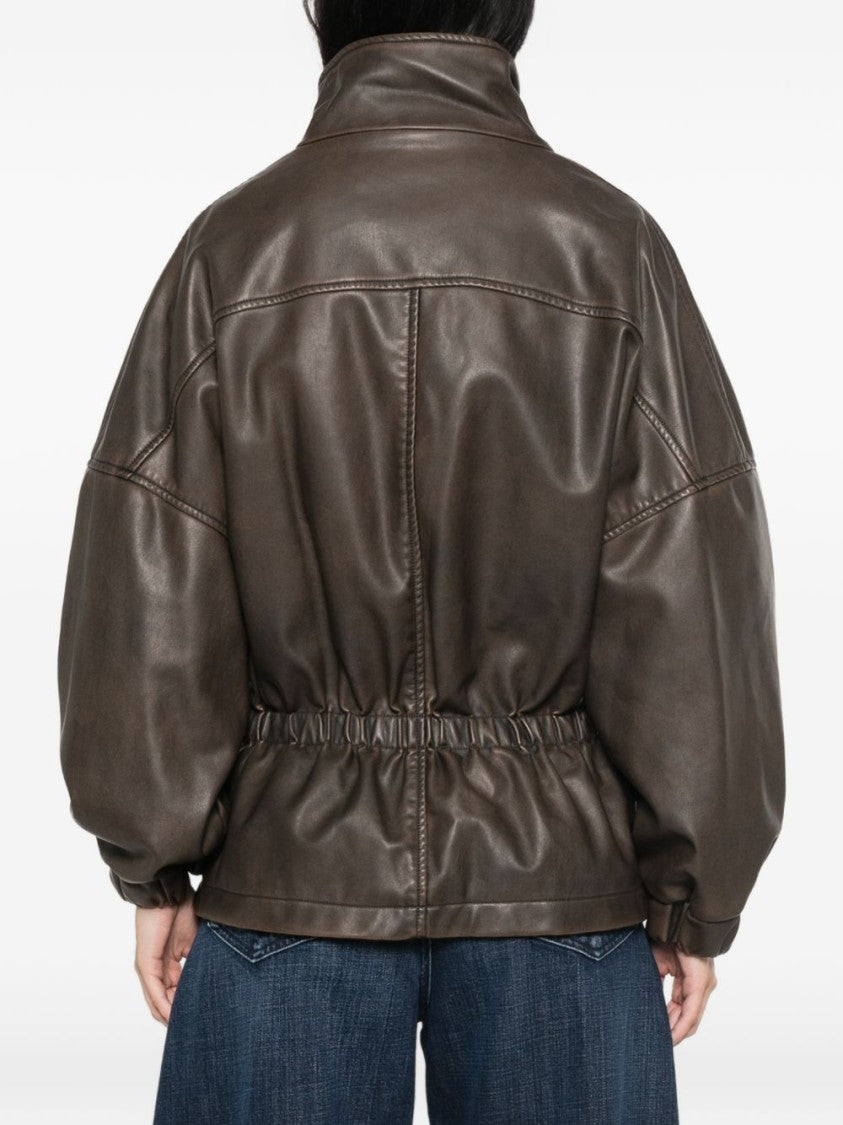 Pinko High Collar Relaxed Fit Smooth Leather Jacket