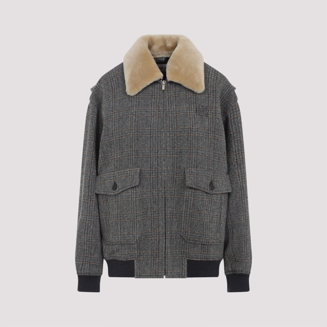 Miu Miu Grey Shearling-Collared Jacket With Classic Check Pattern
