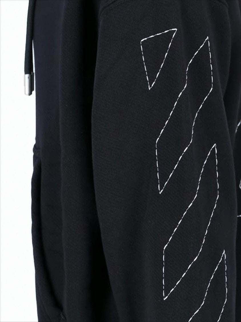 Off-White Cropped Black Hoodie With Geometric Stitching And Distinctive Logo