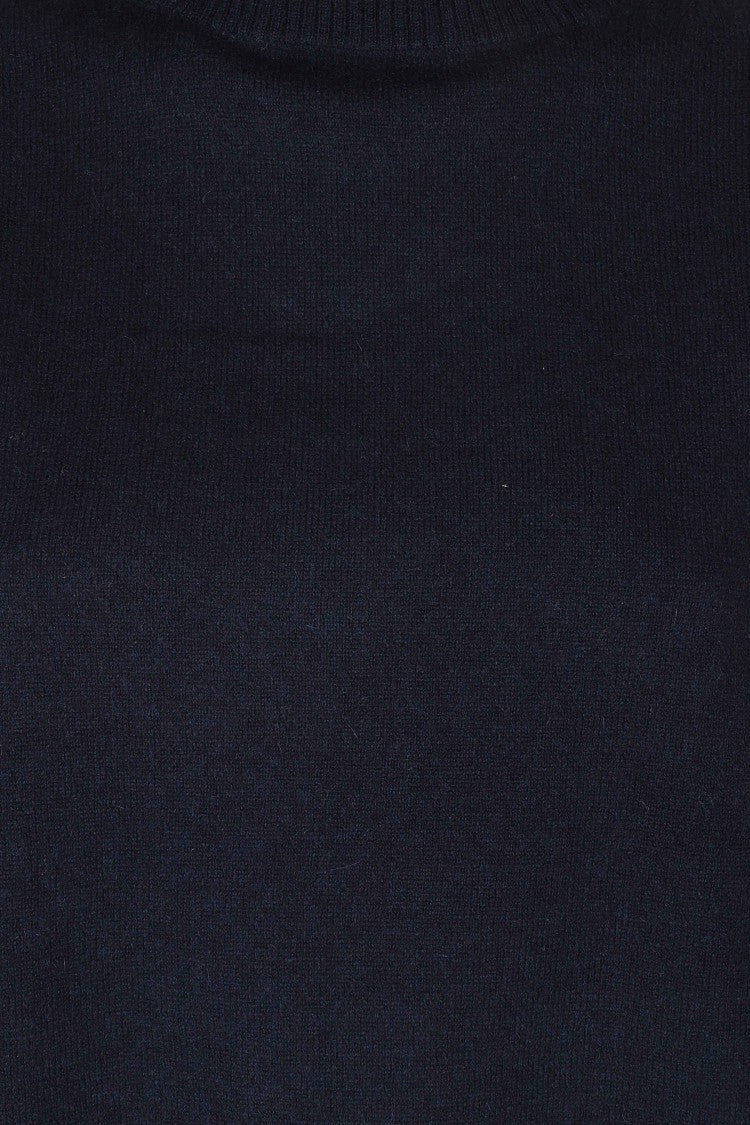 Semi Couture High Neck Blue Dahlia Sweater With Side Slits And Ribbed Trim