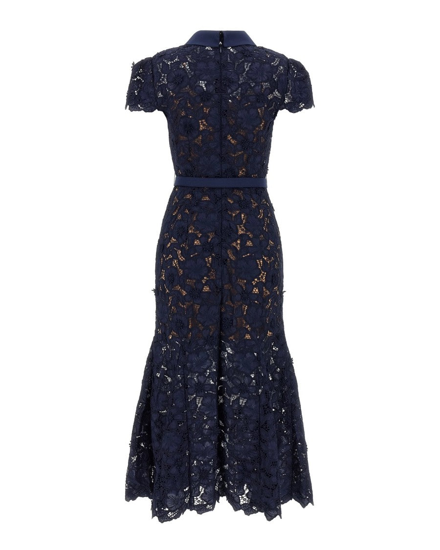 Self-Portrait Navy Guipure Lace Midi Dress With Ruffled Hem