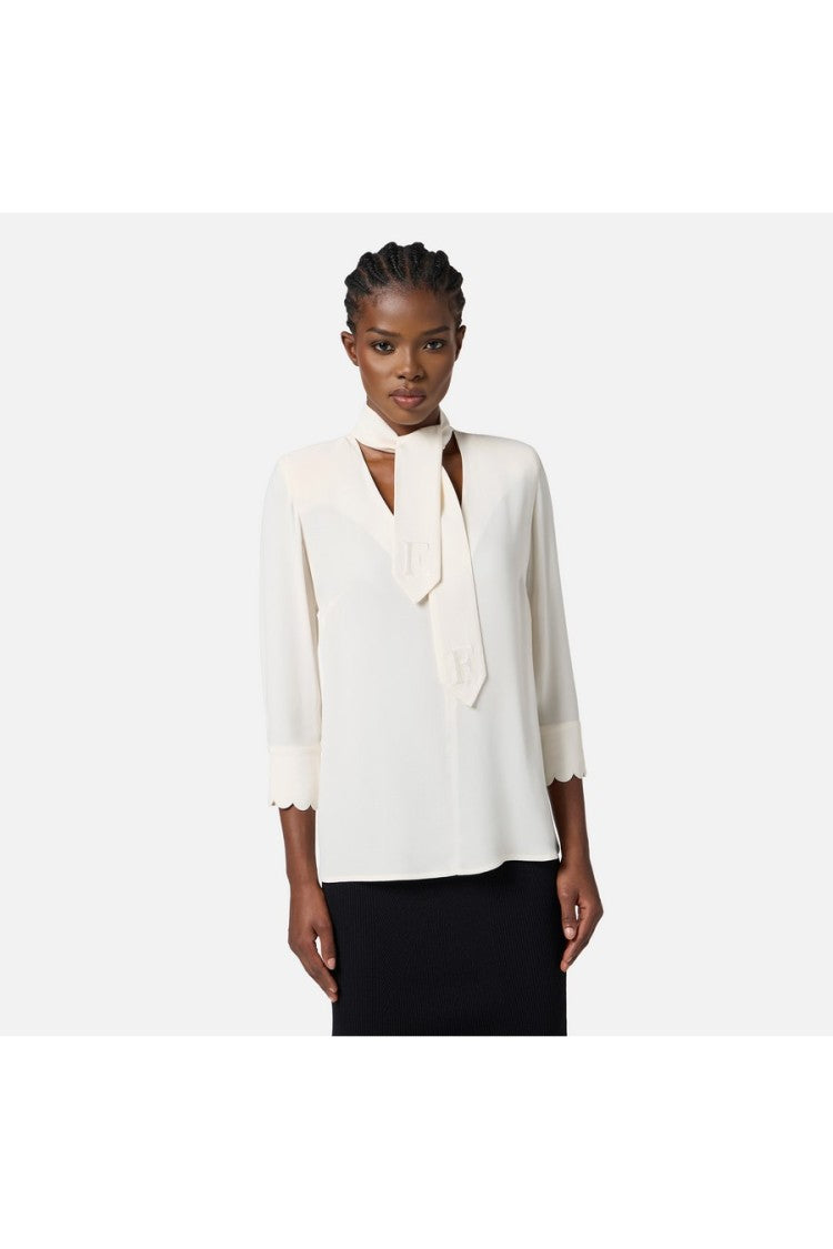Elisabetta Franchi White Draped Tie-Neck Scalloped Cuff Viscose Blouse