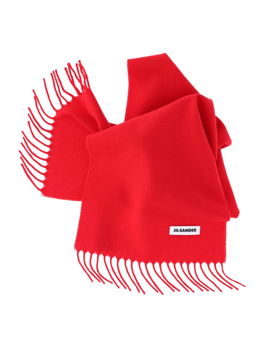 Jil Sander Red Virgin Wool Blend Fringed Scarf