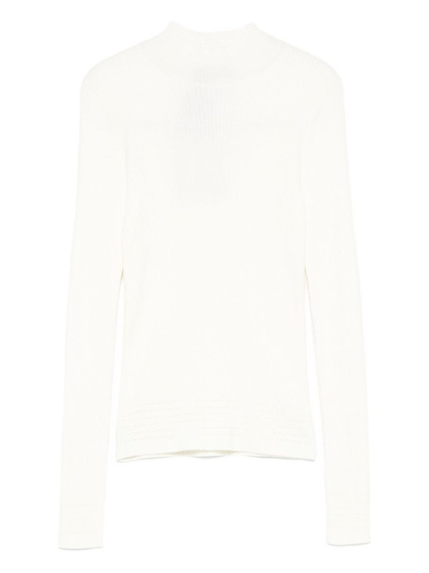 Twin-Set Ribbed White Sweater With High Neckline