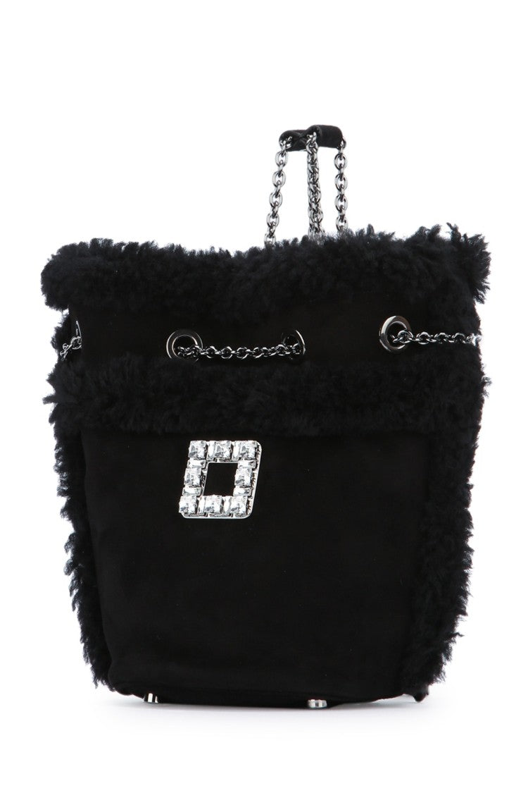 Roger Vivier Plush Black Handbag With Silver-Tone Chain Strap