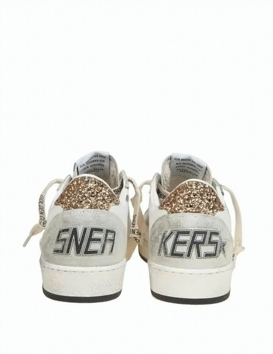 Golden Goose Distressed White Leather Low-Top Sneakers With Glitter Star