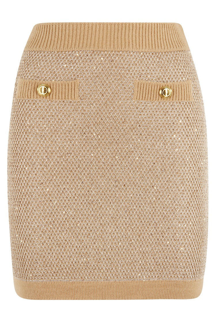 Elisabetta Franchi Honey Textured Knit Skirt With Gold Applique Buttons
