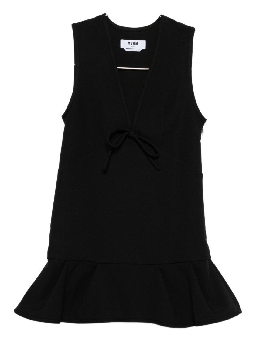 Msgm Sleeveless Black Ruffled Hem Dress With V-Neckline