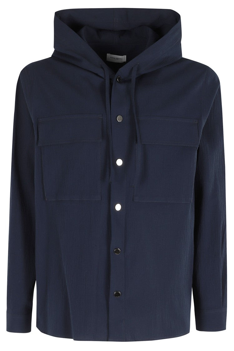 Paolo Pecora Blue Hooded Button-Cuffs Cotton-Blend Casual Shirt