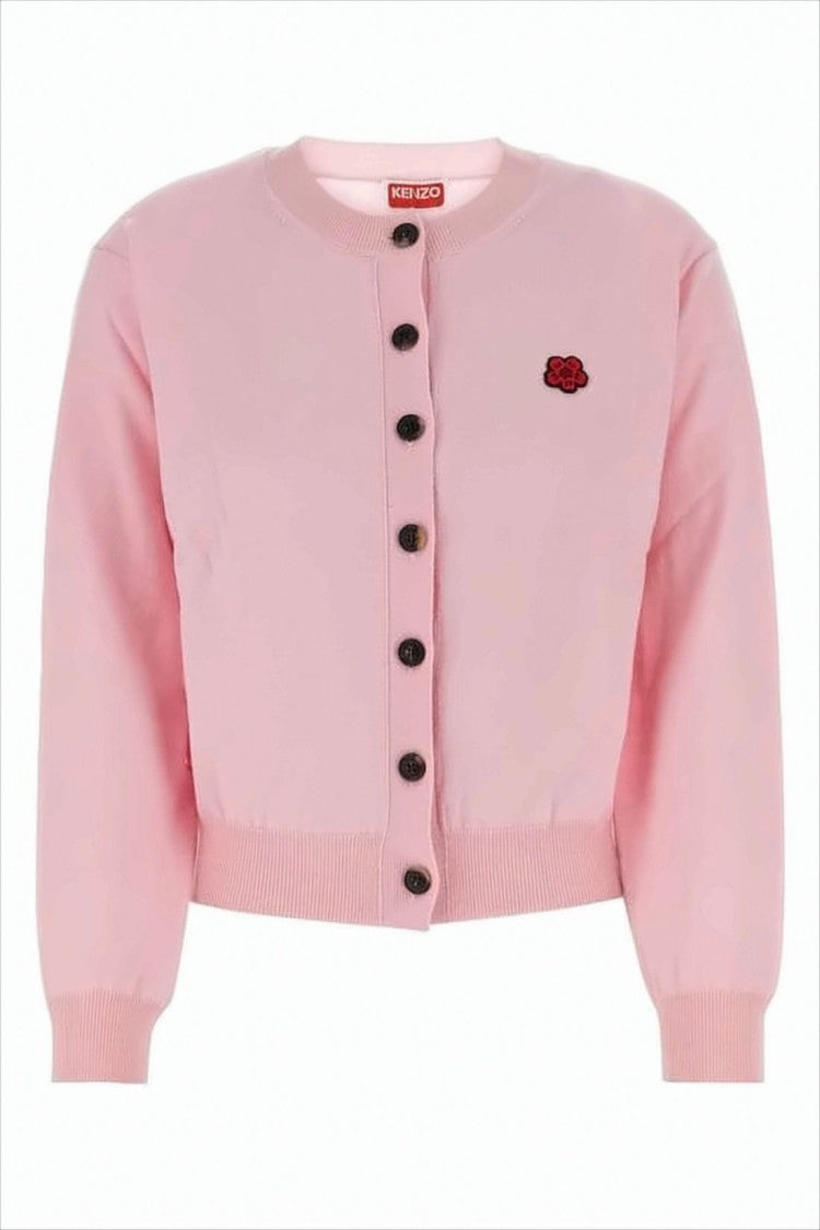 Kenzo Cropped Soft Pink Wool Cardigan With Embroidered Rose Detail