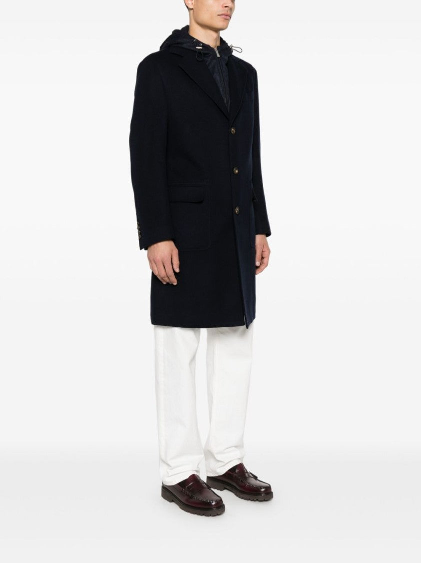 Eleventy Navy Blue Panelled Mid-Length Wool Coat