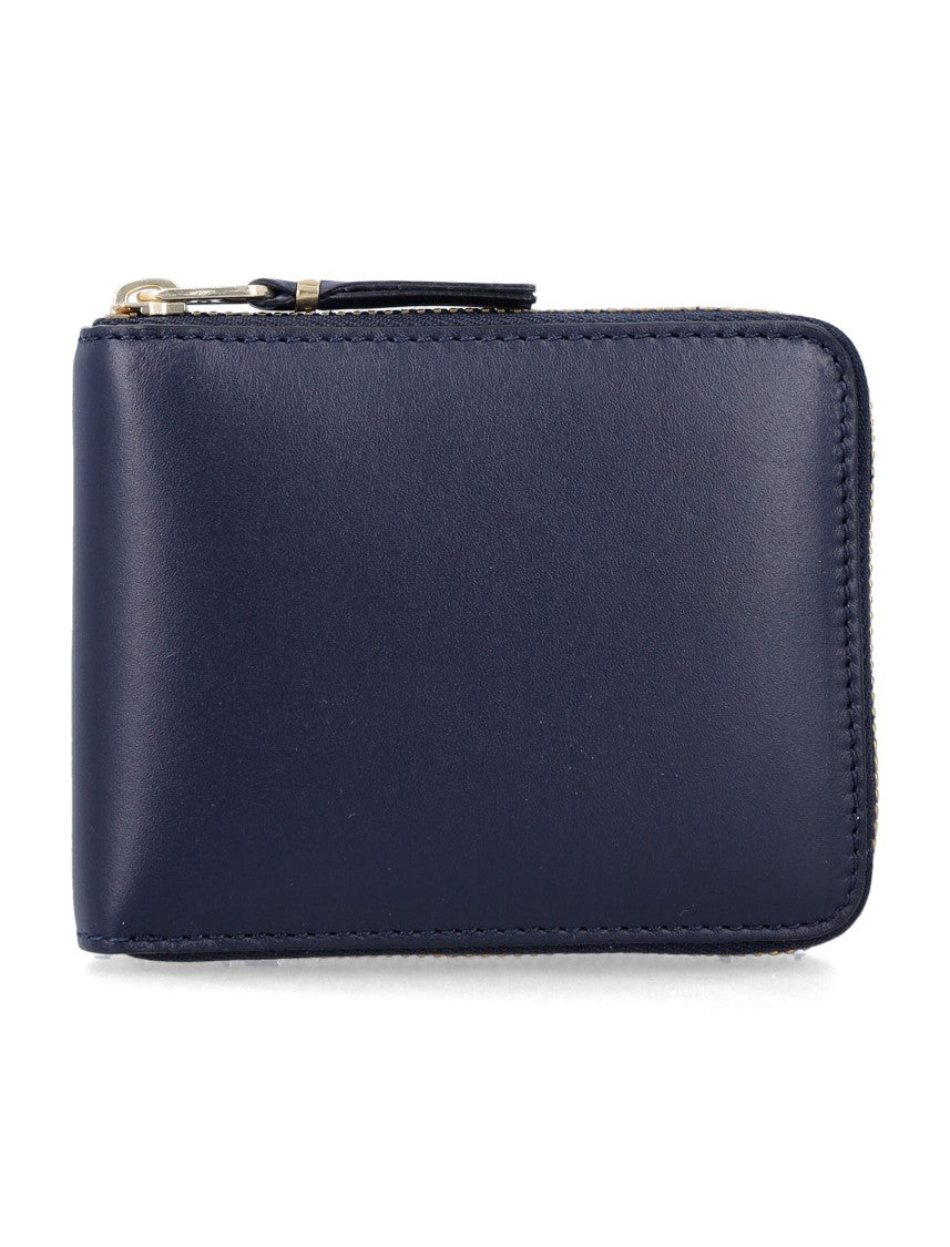Comme Des Garçons Compact Navy Calfskin Zip-Around Wallet With Metallic Accents