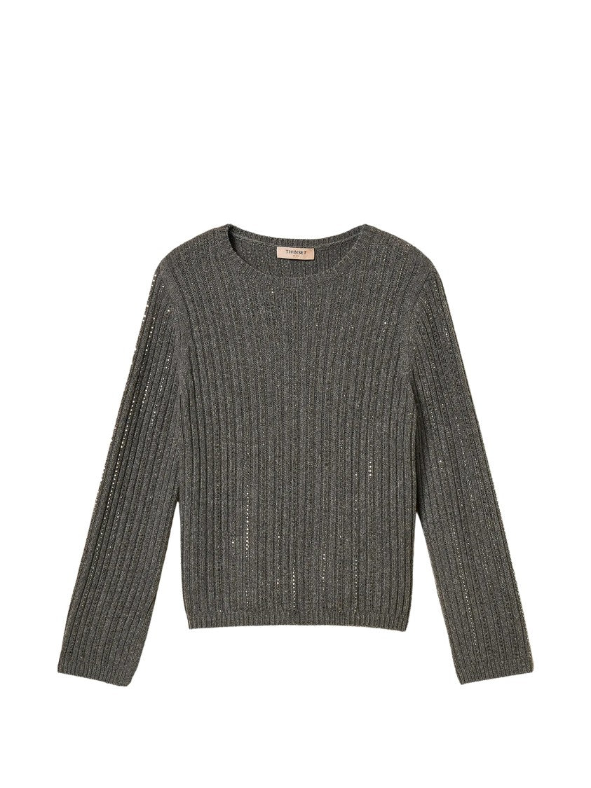 Twin-Set Ribbed Knit Top With Rhinestone Embellishment And Flared Cuffs