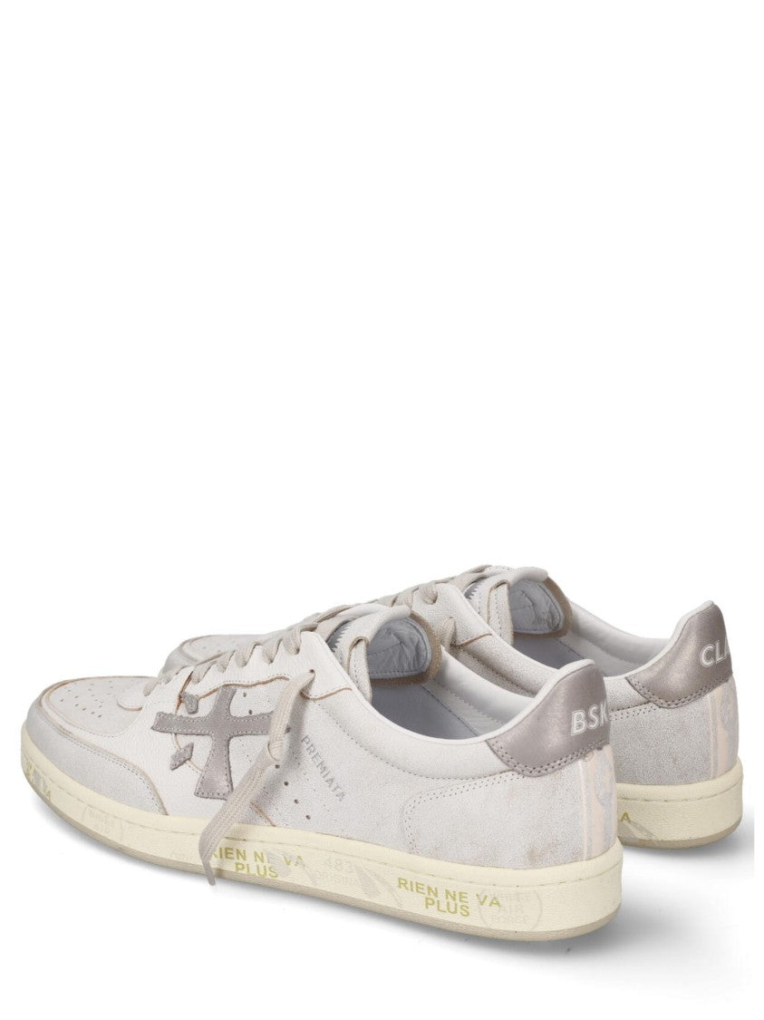 Premiata Distressed White Leather And Suede Bskt Sneakers
