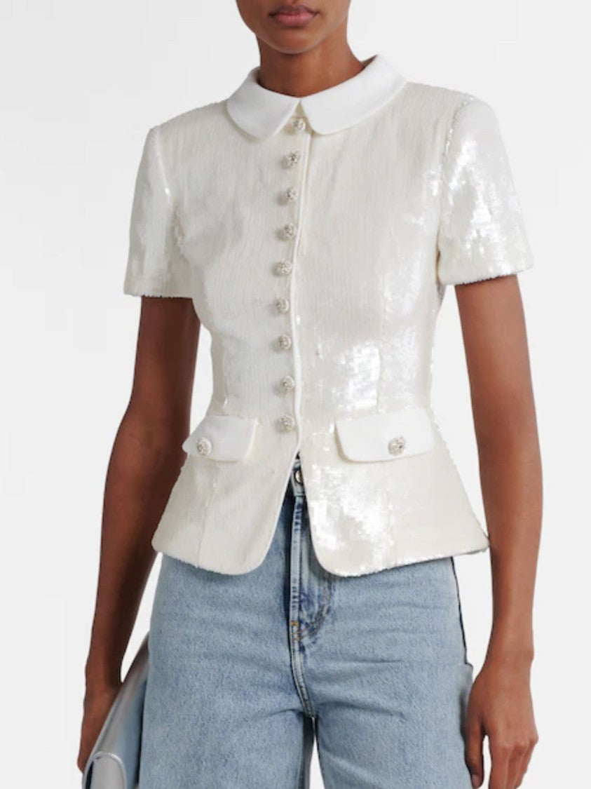Self-Portrait White Crystal Floral Sequined Top