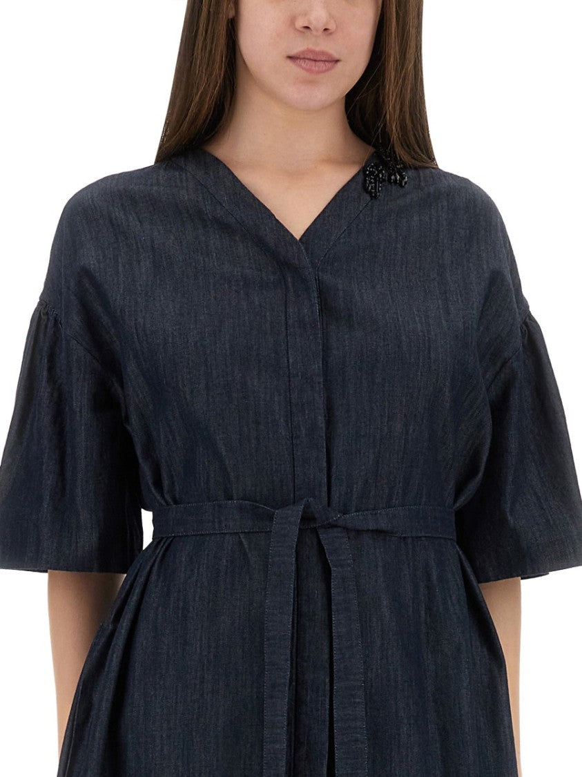 Max Mara Knee-Length Cotton Dress With V-Neckline And Belted Waist
