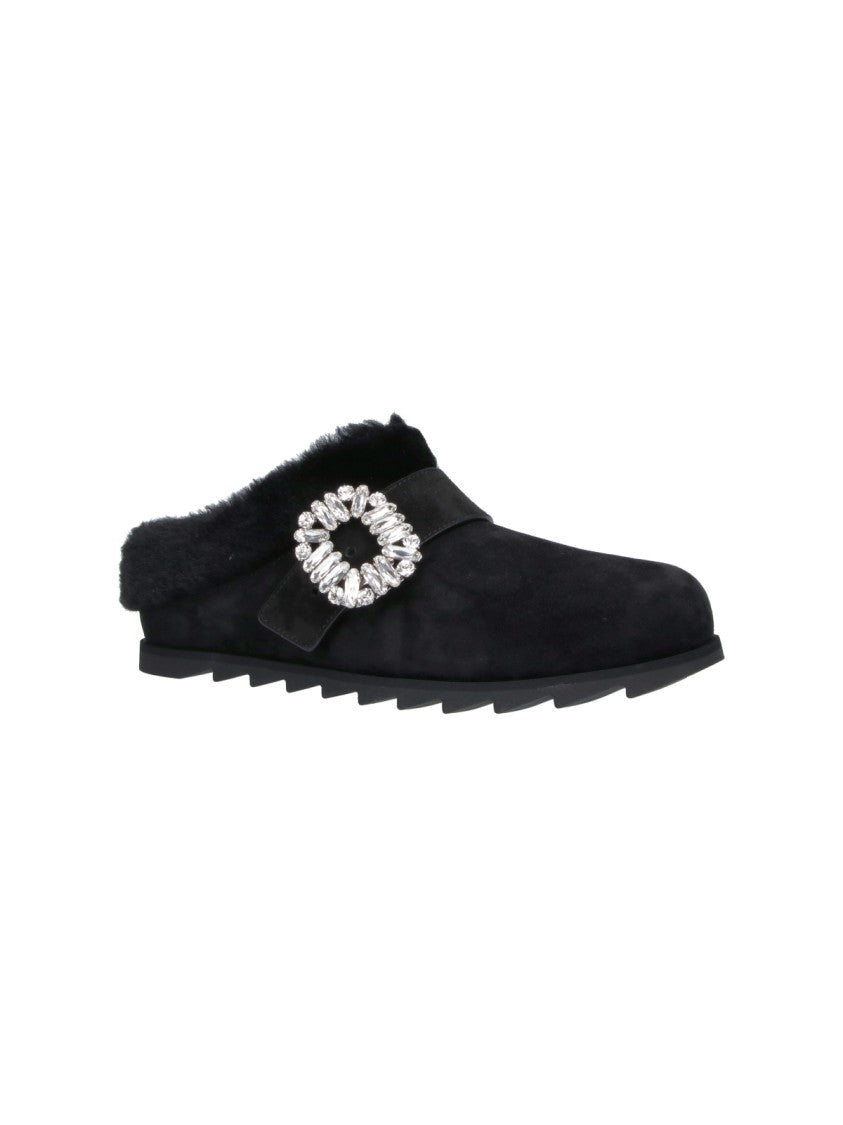 Roger Vivier Black Slidy Viv' Shearling Lined Suede Mules