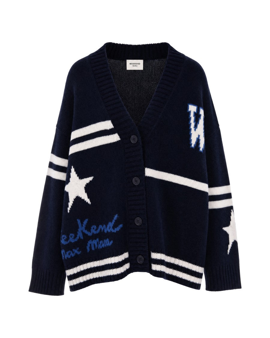 Max Mara Navy Blue Intarsia Star Stripe V-Neck Wool Sweater