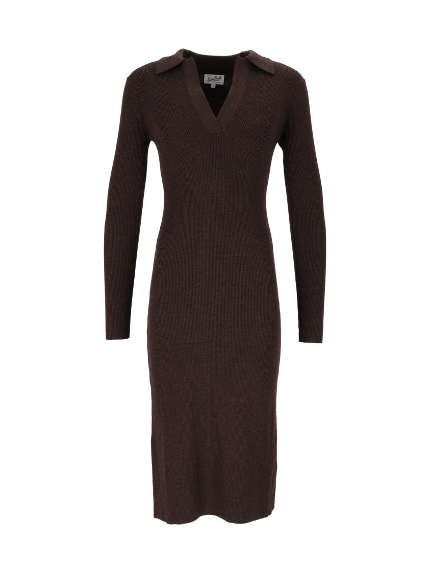 Mc2 Saint Barth Brown Octavia Merino Ribbed Wool Long-Sleeved Polo Dress
