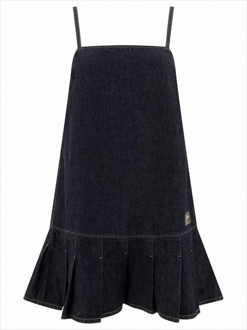 Ganni Ruffled Hem Denim Mini Dress With Thin Shoulder Straps