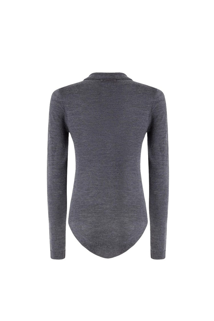 Pinko Grey Wool Ribbed-Cuff Mock-Neck Sweater