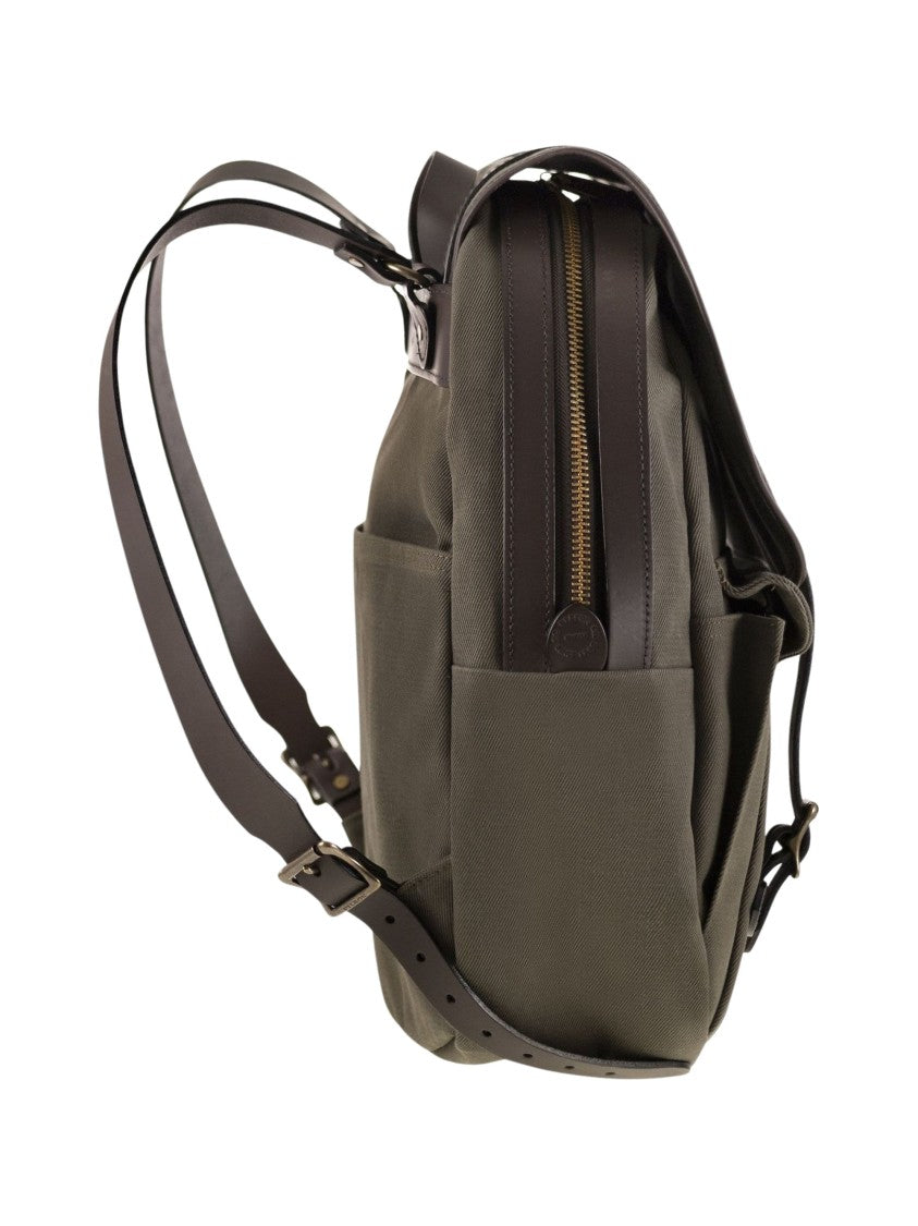 Filson Twill Fabric Backpack With Leather Accents And Functional Design