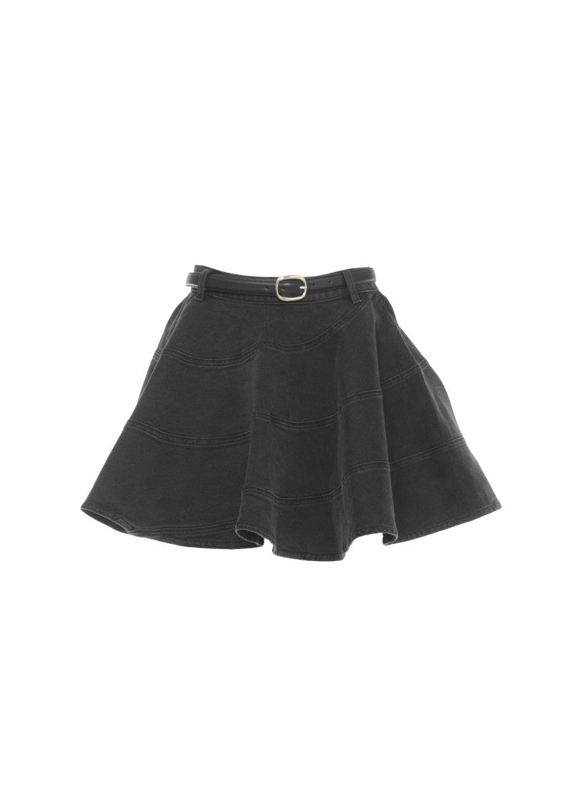 Self-Portrait Flared Black Denim Mini Skirt With Matching Belt