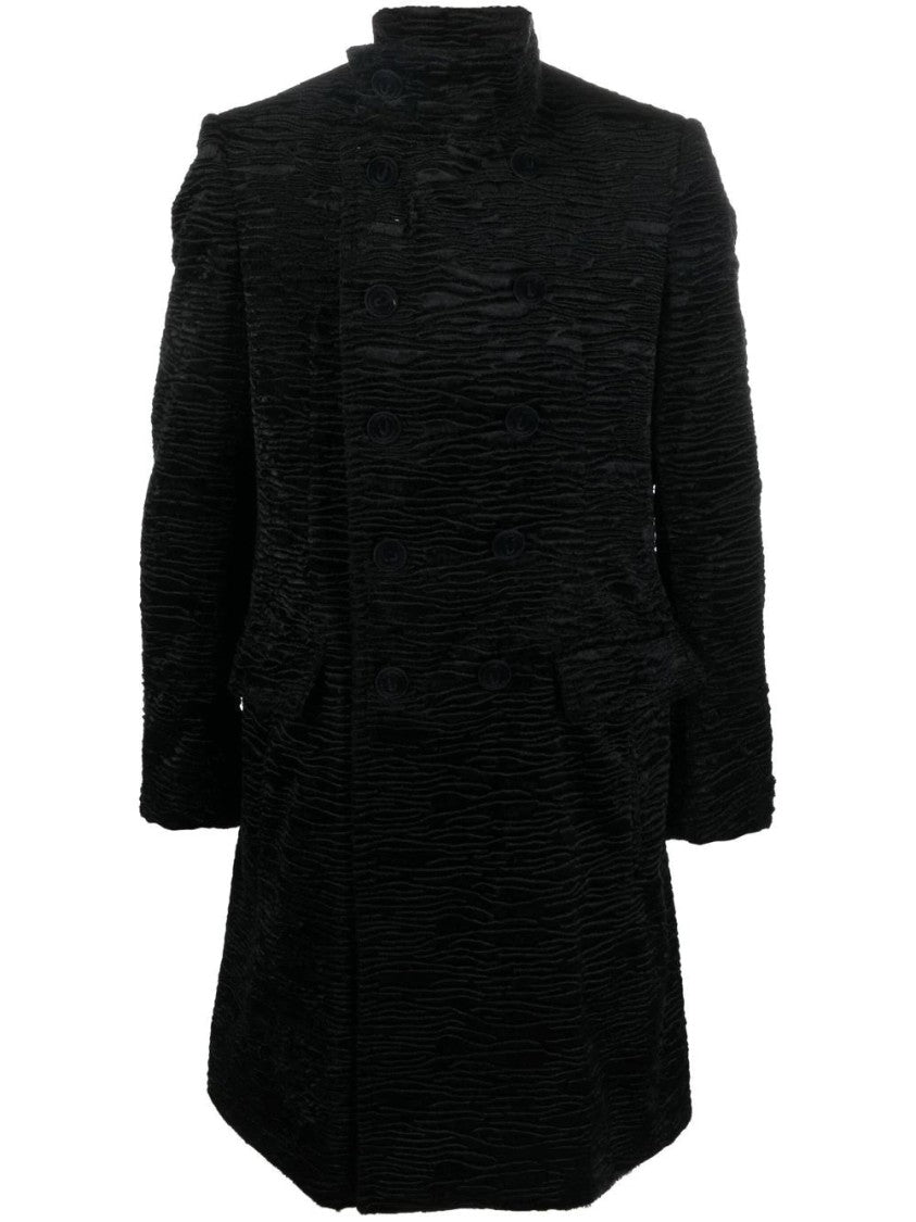 Balmain Textured Black Astrakan Coat With Double-Breasted Front
