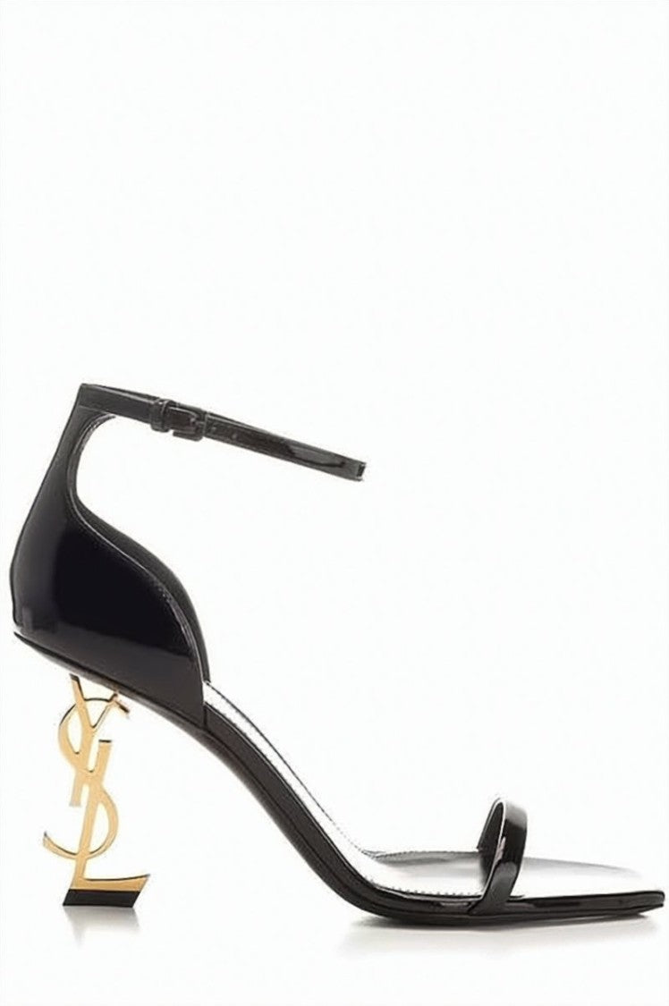 Saint Laurent Patent Leather Opium Sandals With Iconic Logo Heel