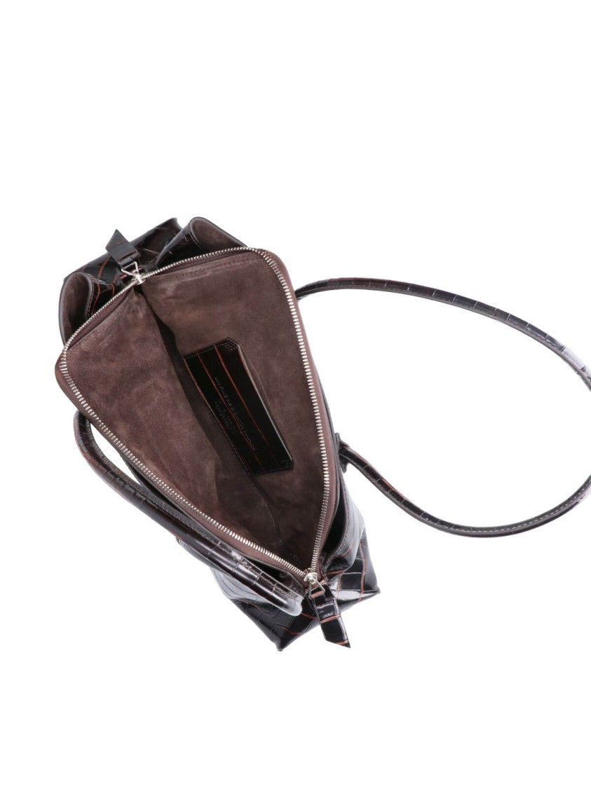 The Attico Glossy Crocodile-Embossed Black Handbag With Structured Handles