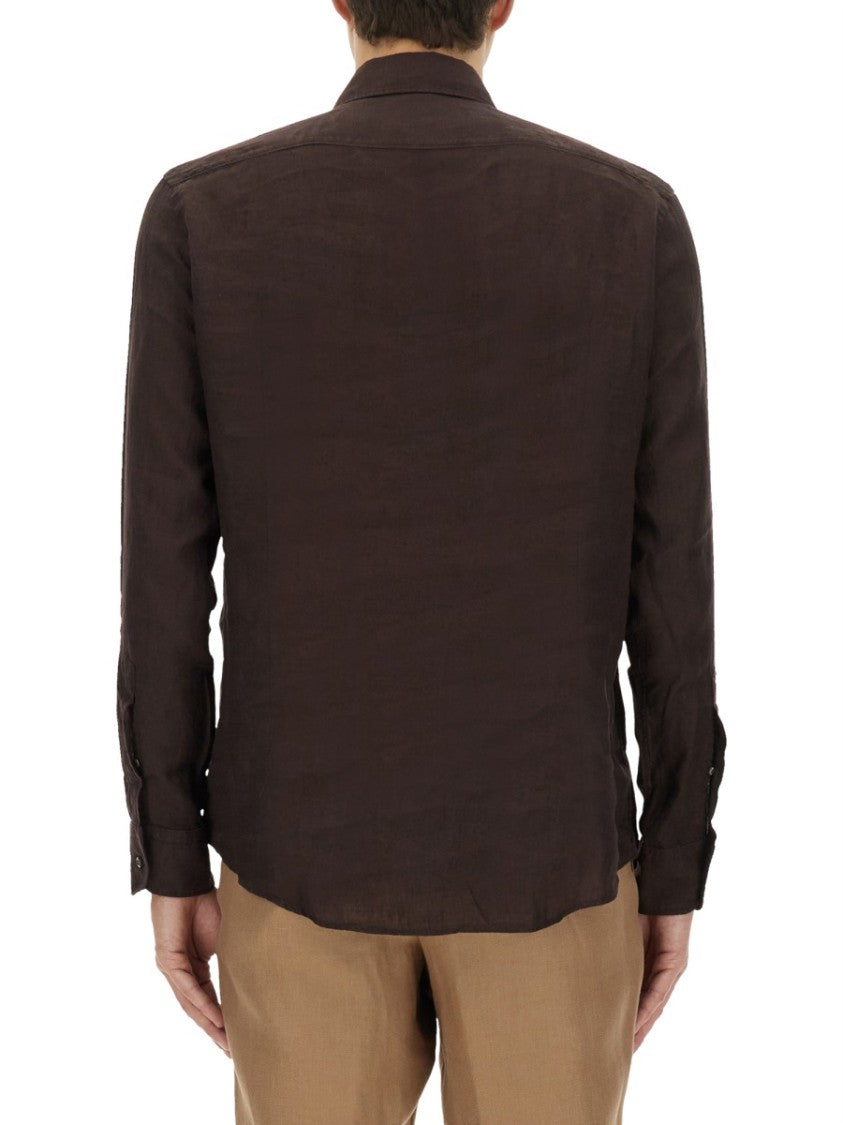 Boss Camel Brown Slim Fit Linen Shirt With Button-Down Front