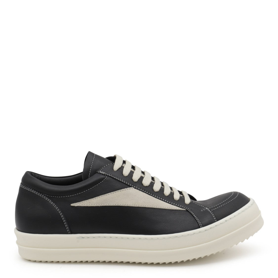 Rick Owens Black Leather White Stitching Sneakers
