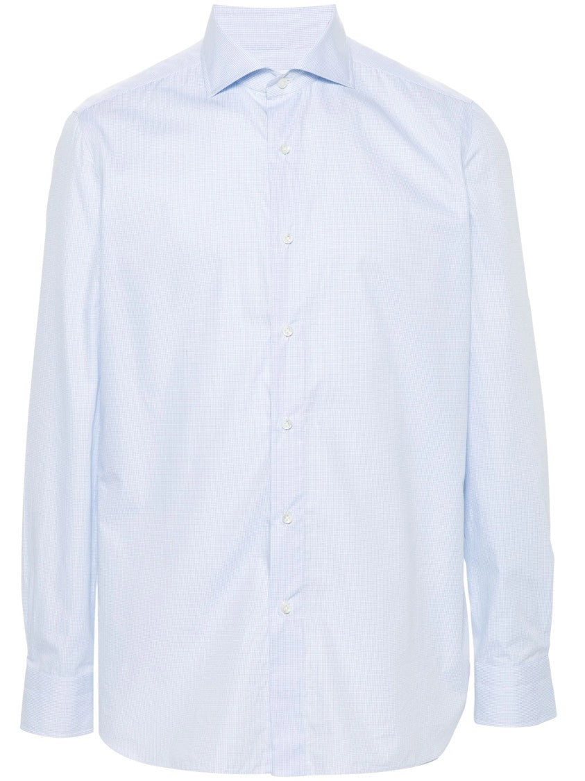 Borrelli Light Blue Checked Cotton Shirt With Classic Collar And Tailored Fit