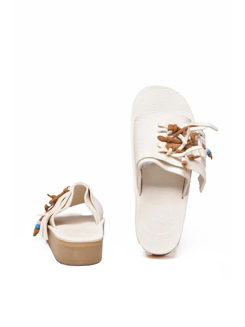 Corbi & Sons White Fringe Leather Platform Slide Sandals