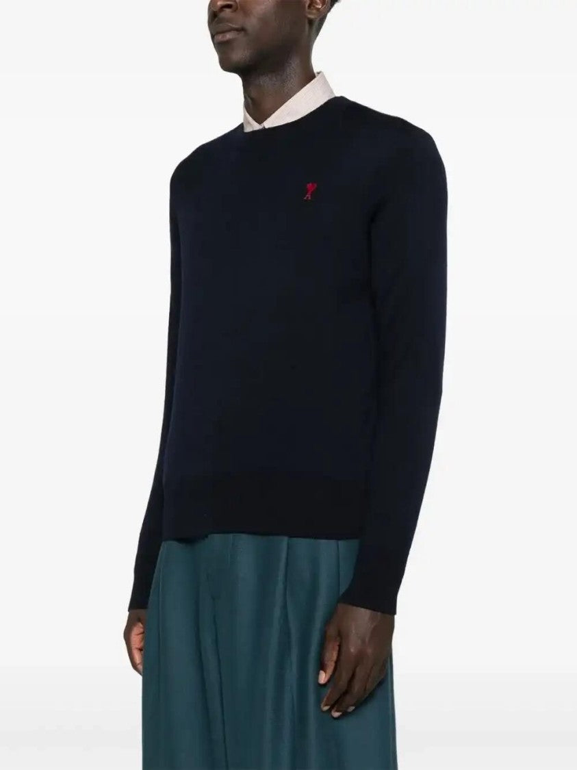 Ami Paris Navy Blue Crew Neck Sweater With Heart Embroidery